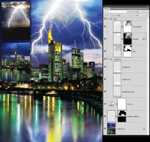 Aufgabe: Einarbeiten eines Blitzes (inkl. Spiegelungen auf der Wasseroberfläche) in das Bild - hier zu sehen die Originalbilder, Ebenen in Photoshop und das Endprodukt